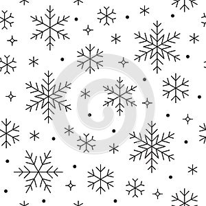 Seamless pattern with black snowflakes on white background. Flat line snowing icons, cute snow flakes repeat wallpaper