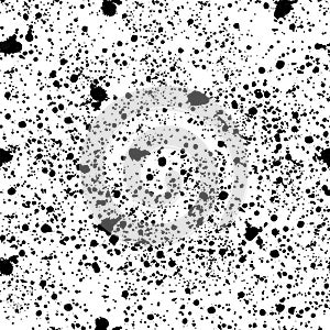 Seamless pattern with black speckles. Spots of paint, small drops. Monochrome abstract background. On white. Vector