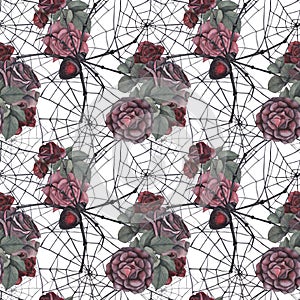 Seamless pattern black spider with cobweb and dark roses flowers and leaves isolated on white background. Watercolor