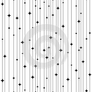 Seamless pattern. Black star and line on white background. Repeated stripe pattern. Abstract vertical backdrop. Repeating sparkles