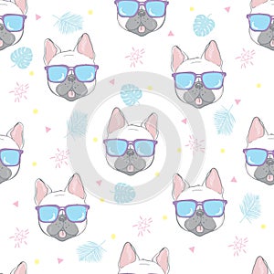 Seamless pattern with a black and white Cartoon French Bulldog puppies in a glasses on a pink background.