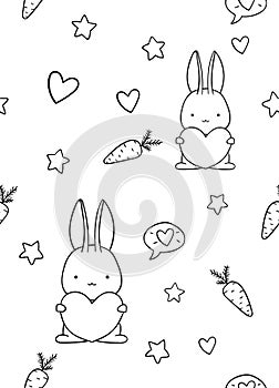 Seamless pattern, black and white cute hand drawn bunny, carrot, stars, heart doodle, coloring pages