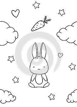 Seamless pattern, black and white cute hand drawn bunny, cloud, stars, heart and carrot doodle, coloring pages