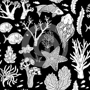 Seamless pattern with Black and white deepwater living organisms, fish and algae