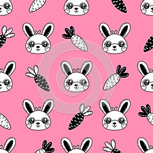 seamless pattern black and white doodle bunny and carrot on bright pink background