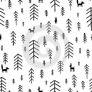 Seamless pattern black and white Fir Trees.