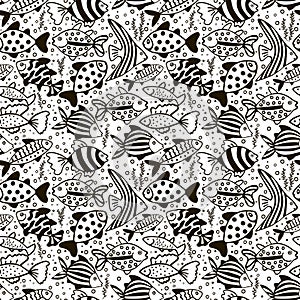 Seamless pattern with black and white fish.