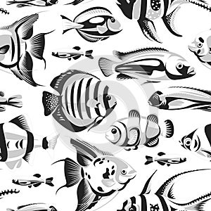 Seamless pattern with black and white fish isolated on a white background. Illustration of underwater life.