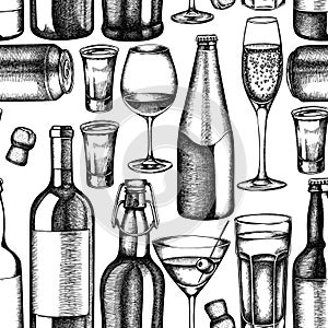 Seamless pattern with black and white glass, champagne, mug of beer, alcohol shot, bottles of beer, bottle of wine