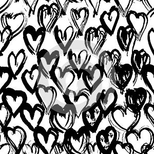 Seamless pattern black white heart brush strokes lines design, abstract simple scandinavian style background grunge texture. trend