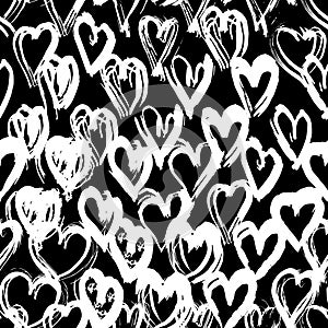 Seamless pattern black white heart brush strokes lines design, abstract simple scandinavian style background grunge texture. trend