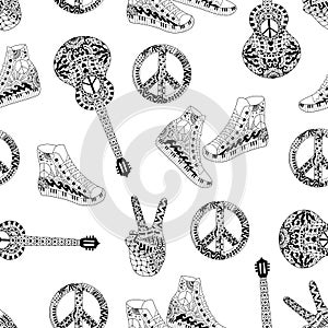 Seamless pattern with black and white hippie peace symbol, acoustic guitars and hight snakers