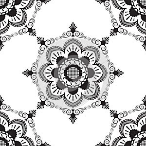 Seamless pattern with black and white mehndi lace of flower buta decoration items on white background.