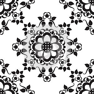 Seamless pattern with black and white mehndi lace of flower buta decoration items on white background.