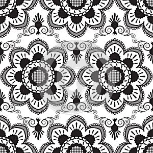 Seamless pattern with black and white mehndi lace of flower buta decoration items on white background.