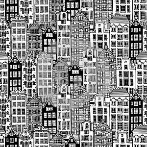 Seamless pattern. Black and white old houses of Amsterdam, Netherlands. Vector illustration.