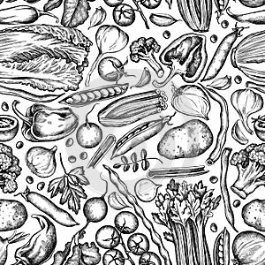 Seamless pattern with black and white onion, garlic, pepper, broccoli, radish, green beans, potatoes, cherry tomatoes