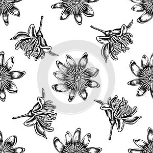 Seamless pattern with black and white passion flower