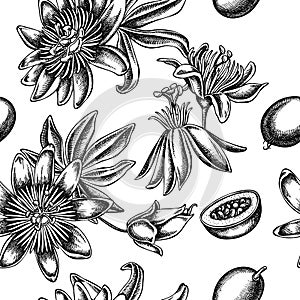 Seamless pattern with black and white passion flower