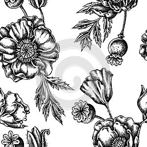 Seamless pattern with black and white poppy flower