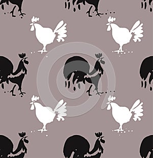 Seamless pattern of black and white Roosters .