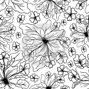 seamless pattern of black and white simple freehand poppy flower silhouette