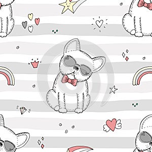 Seamless pattern with Black and white sketch of a dog. Printable templates.