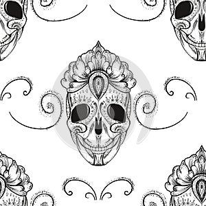 Seamless pattern. black and white skull with elements around