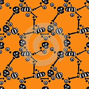 Seamless pattern with black and white skulls, bones and pumpkins.