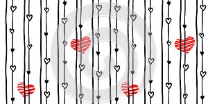 Seamless pattern with black and white stripes and small hearts on a white background with red hearts