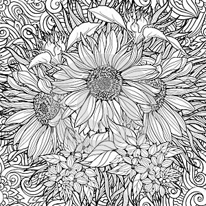 Seamless pattern of black and white sunflowers.