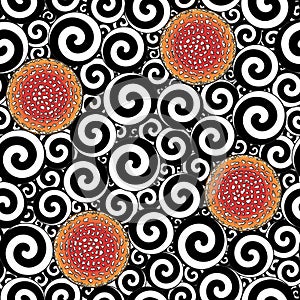 Seamless pattern with black and white swirls and caps of fly agaric mushroom.