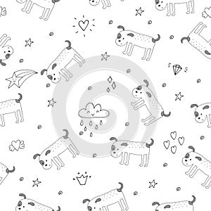 Seamless pattern with Black and white vector sketch of a dog. Vector Illustration