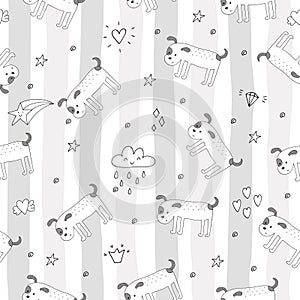 Seamless pattern with Black and white vector sketch of a dog. Vector Illustration