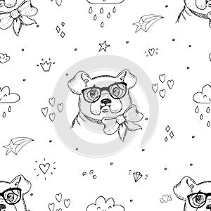 Seamless pattern with Black and white vector sketch of a dog. Vector Illustration