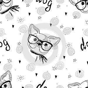 Seamless pattern with Black and white vector sketch of a dog. Vector Illustration