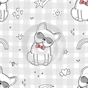 Seamless pattern with Black and white vector sketch of a dog. Vector Illustration