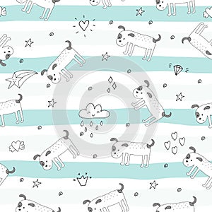 Seamless pattern with Black and white vector sketch of a dog. Vector Illustration