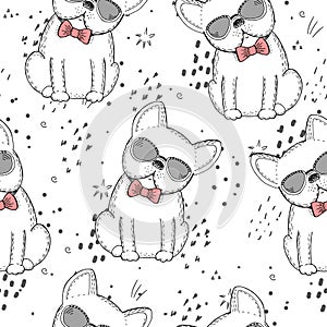 Seamless pattern with Black and white vector sketch of a dog. Vector Illustration