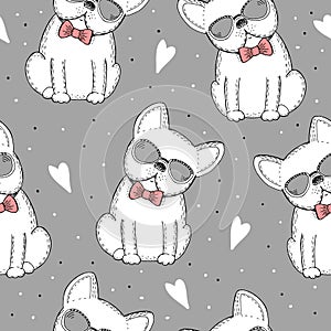 Seamless pattern with Black and white vector sketch of a dog. Vector Illustration