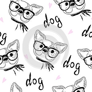 Seamless pattern with Black and white vector sketch of a dog. Vector Illustration