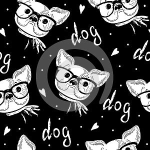 Seamless pattern with Black and white vector sketch of a dog. Vector Illustration