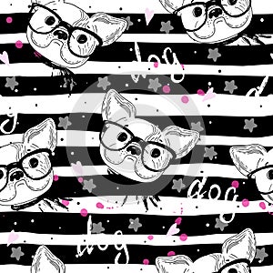 Seamless pattern with Black and white vector sketch of a dog. Vector Illustration