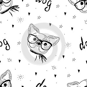 Seamless pattern with Black and white vector sketch of a dog. Vector Illustration