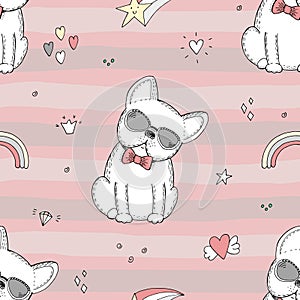 Seamless pattern with Black and white vector sketch of a dog. Vector Illustration