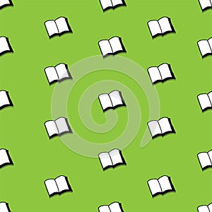 Seamless pattern with blank empty book isolated on green background. thin black outline open book, hand drawn vector. modern scrib