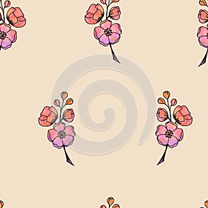 Seamless pattern blooming apple tree branch with watercolor effect in pink, yellow, lilac colors on a pink background.Print