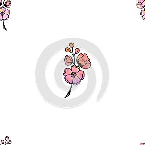 Seamless pattern blooming apple tree branch with watercolor effect in pink, yellow, lilac colors on a white background