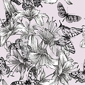 Seamless pattern with blooming lilies and black bu