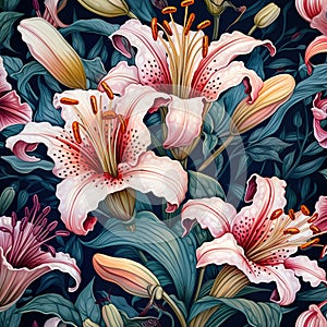 Seamless pattern with blooming lilies hand-drawin